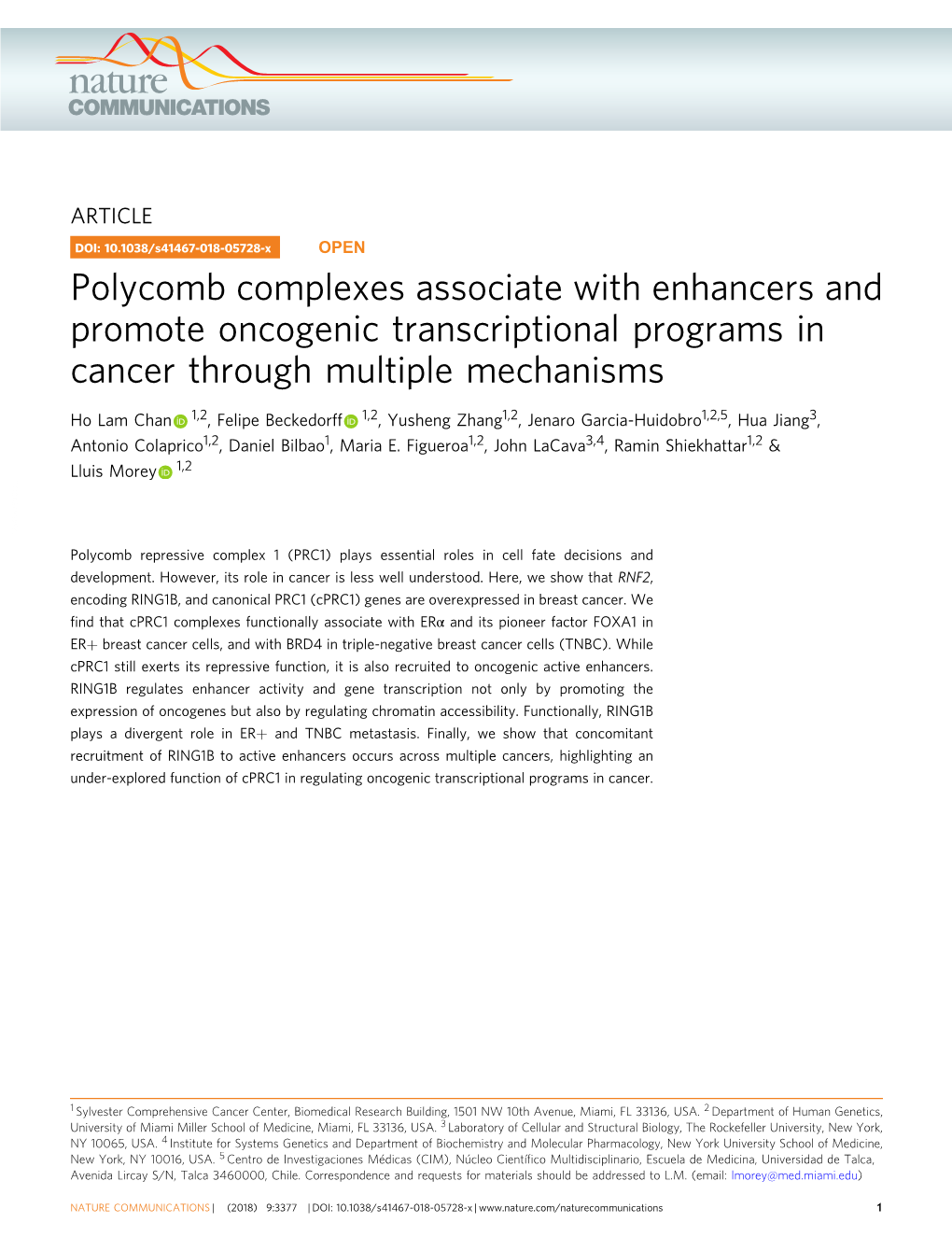 Polycomb Complexes Associate with Enhancers and Promote Oncogenic Transcriptional Programs in Cancer Through Multiple Mechanisms