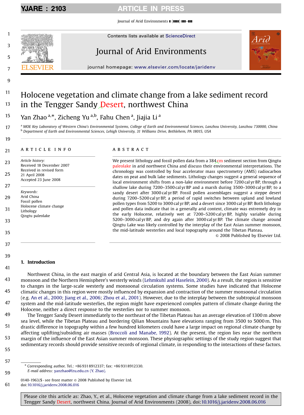 Holocene Vegetation and Climate Change from a Lake Sediment Record 13 in the Tengger Sandy Desert, Northwest China