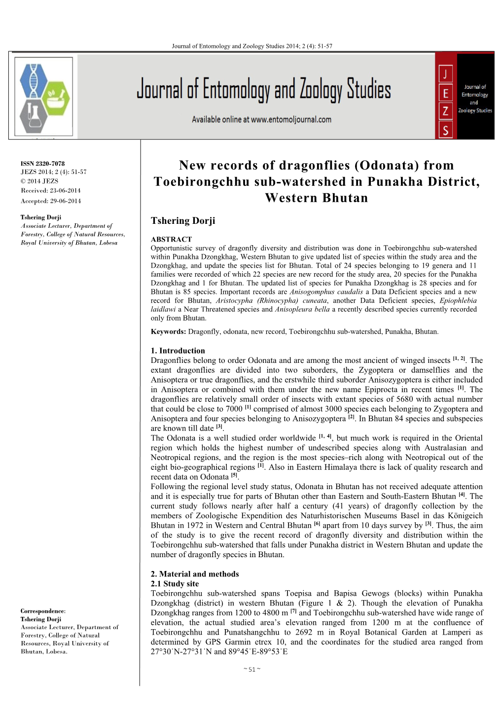 Odonata) from JEZS 2014; 2 (4): 51-57 © 2014 JEZS Toebirongchhu Sub-Watershed in Punakha District, Received: 23-06-2014
