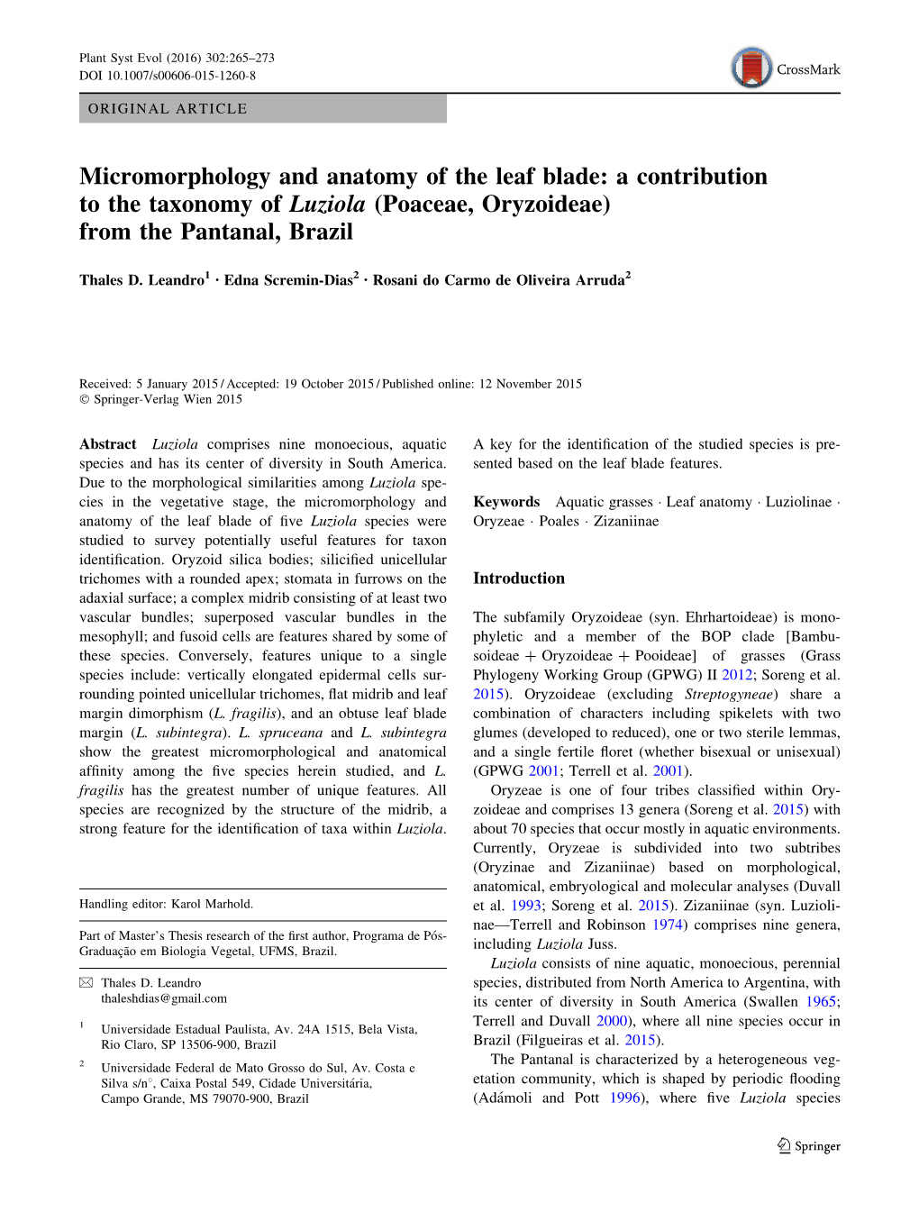 Micromorphology and Anatomy of the Leaf Blade: a Contribution to the Taxonomy of Luziola (Poaceae, Oryzoideae) from the Pantanal, Brazil