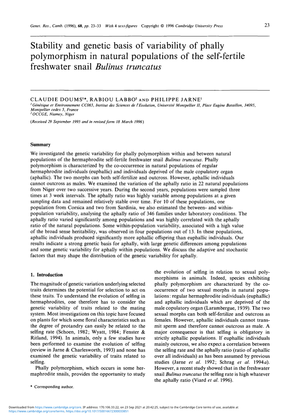 Stability and Genetic Basis of Variability of Phally Polymorphism in Natural Populations of the Self-Fertile Freshwater Snail Bulinus Truncatus