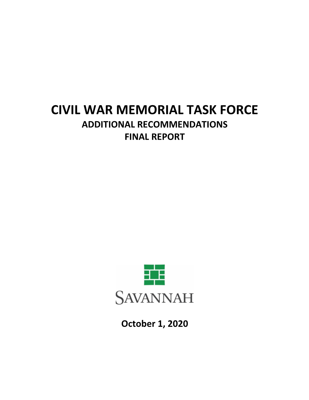 Civil War Memorial Task Force Additional Recommendations Final Report