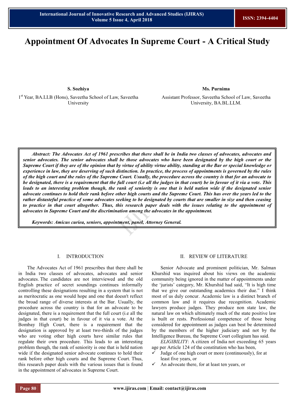 Appointment of Advocates in Supreme Court - a Critical Study