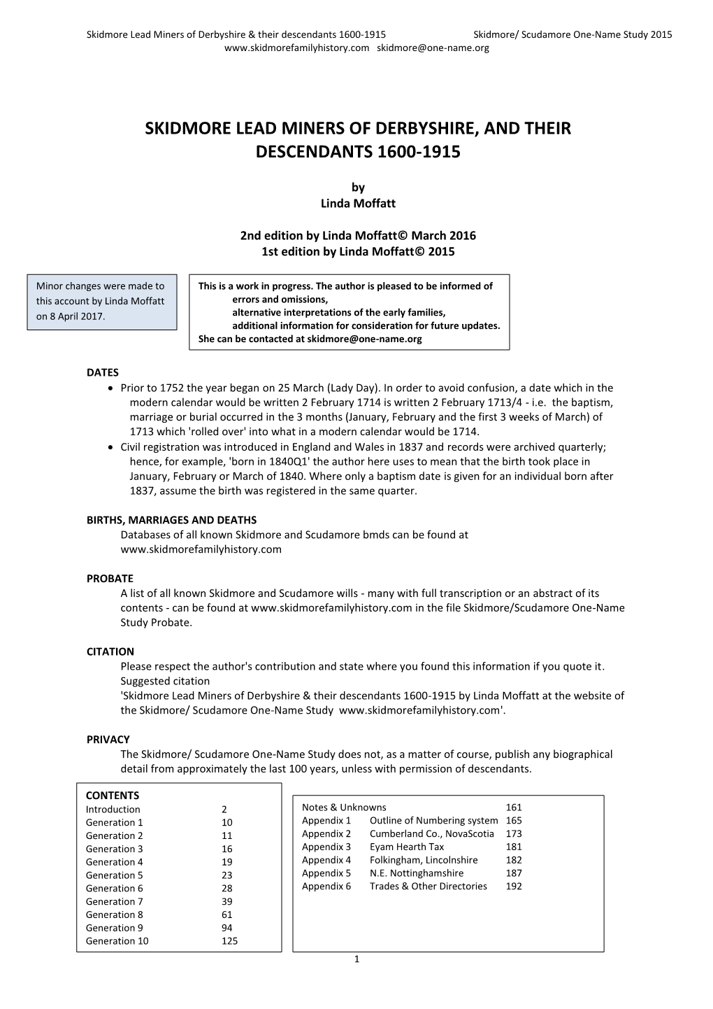 Skidmore Lead Miners of Derbyshire, and Their Descendants 1600-1915
