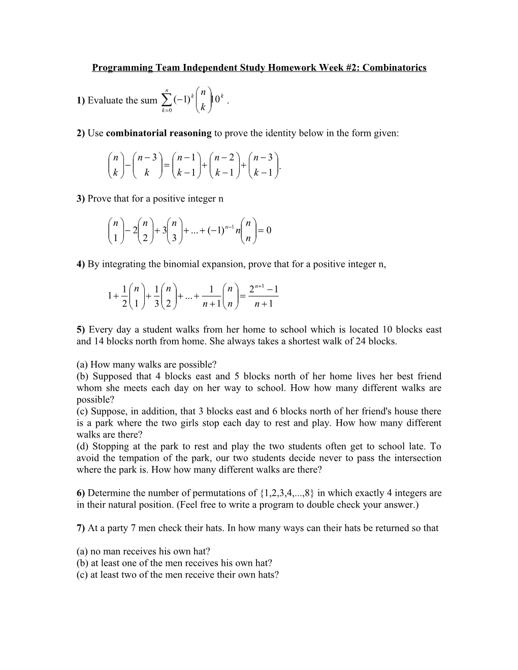 Programming Team Independent Study Homework Week #1: Combinatorics