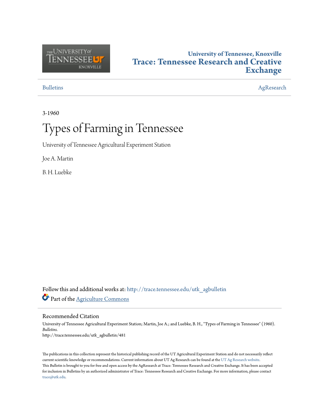 Types of Farming in Tennessee University of Tennessee Agricultural Experiment Station