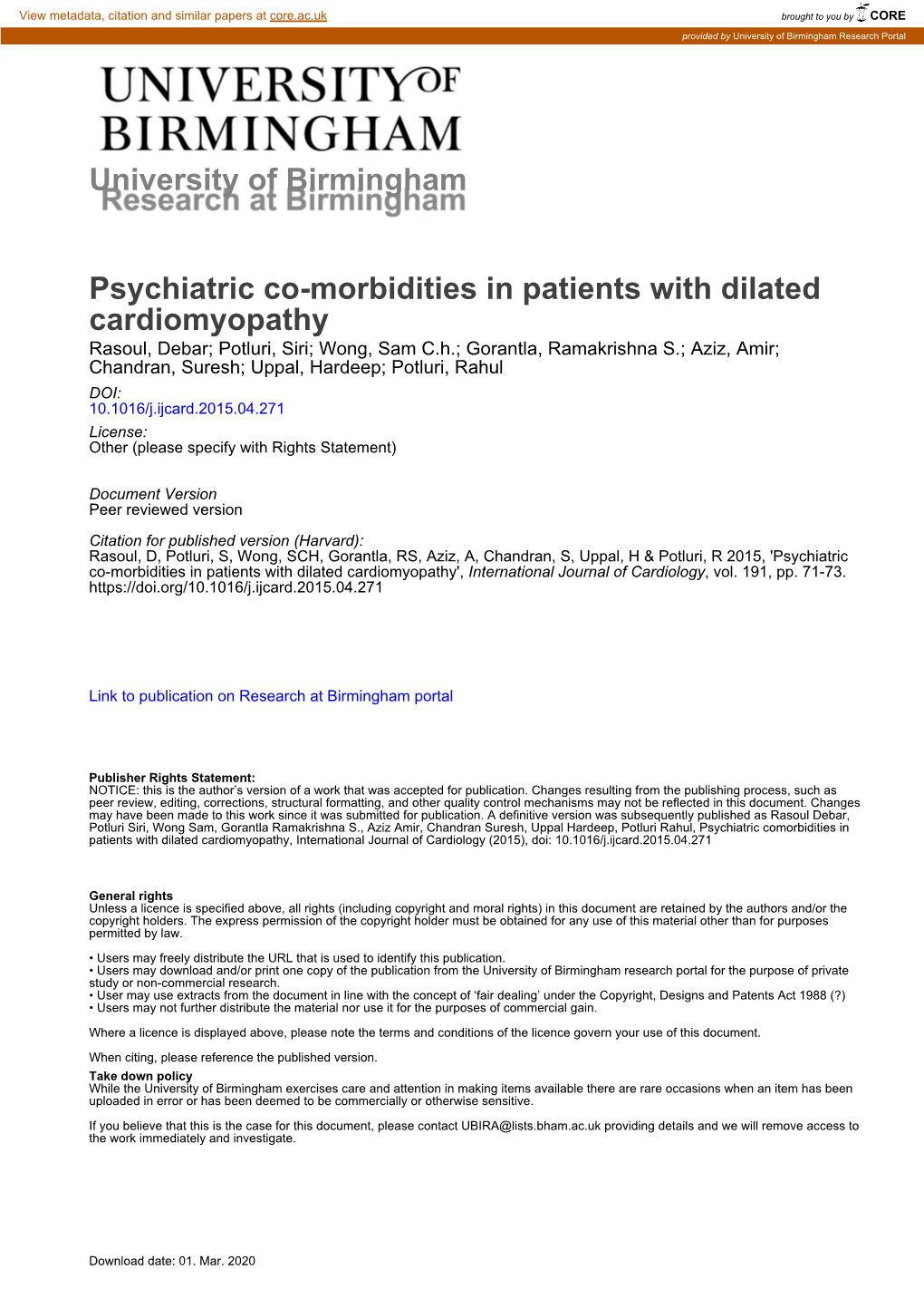 Psychiatric Co-Morbidities in Patients with Dilated Cardiomyopathy