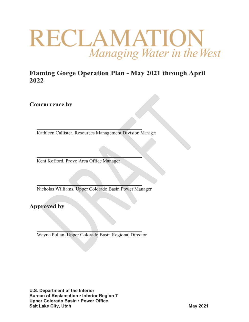 Flaming Gorge Operation Plan - May 2021 Through April 2022