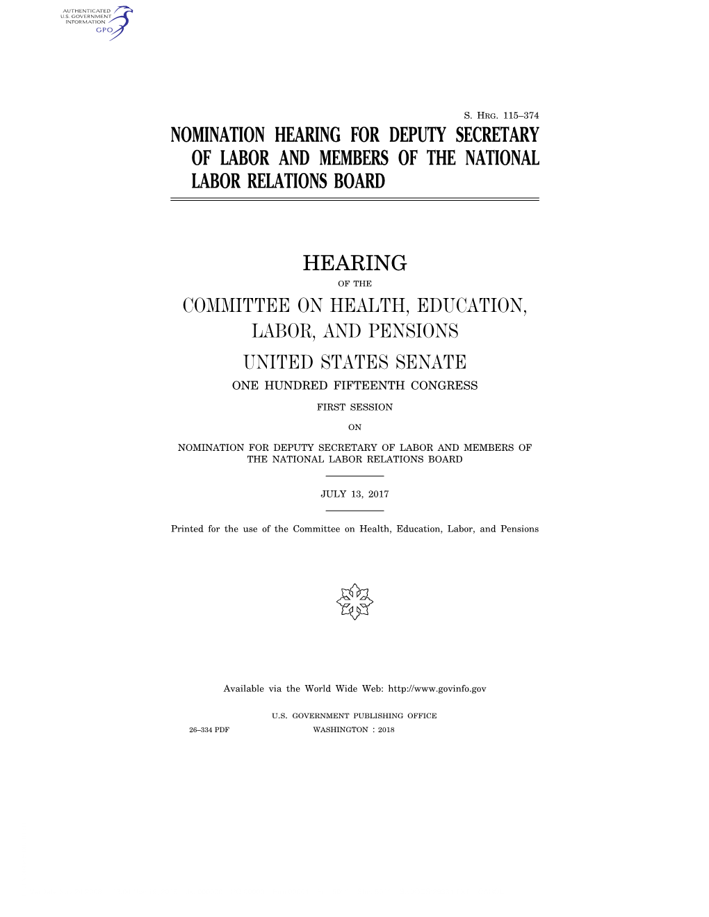 Nomination Hearing for Deputy Secretary of Labor and Members of the National Labor Relations Board