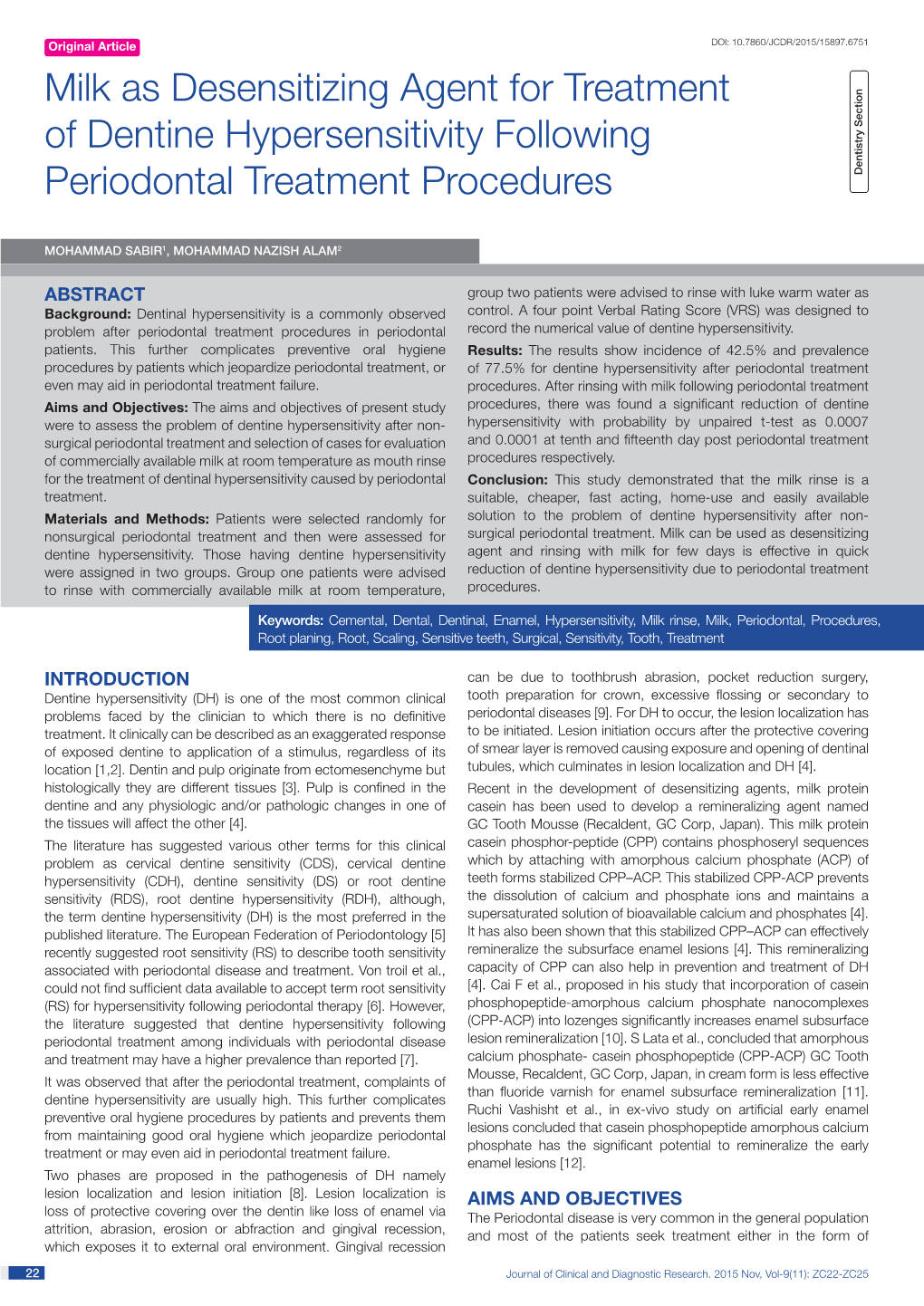 Milk As Desensitizing Agent for Treatment of Dentine Hypersensitivity Following Periodontal Treatment Procedures Dentistry Section