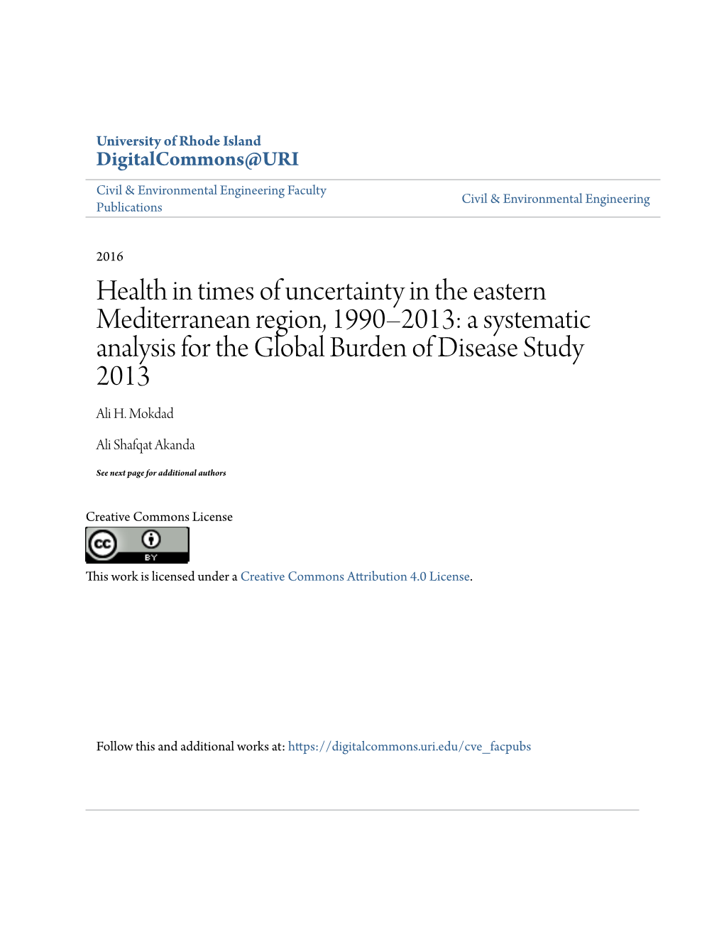 Health in Times of Uncertainty in the Eastern Mediterranean Region, 1990–2013: a Systematic Analysis for the Global Burden of Disease Study 2013 Ali H