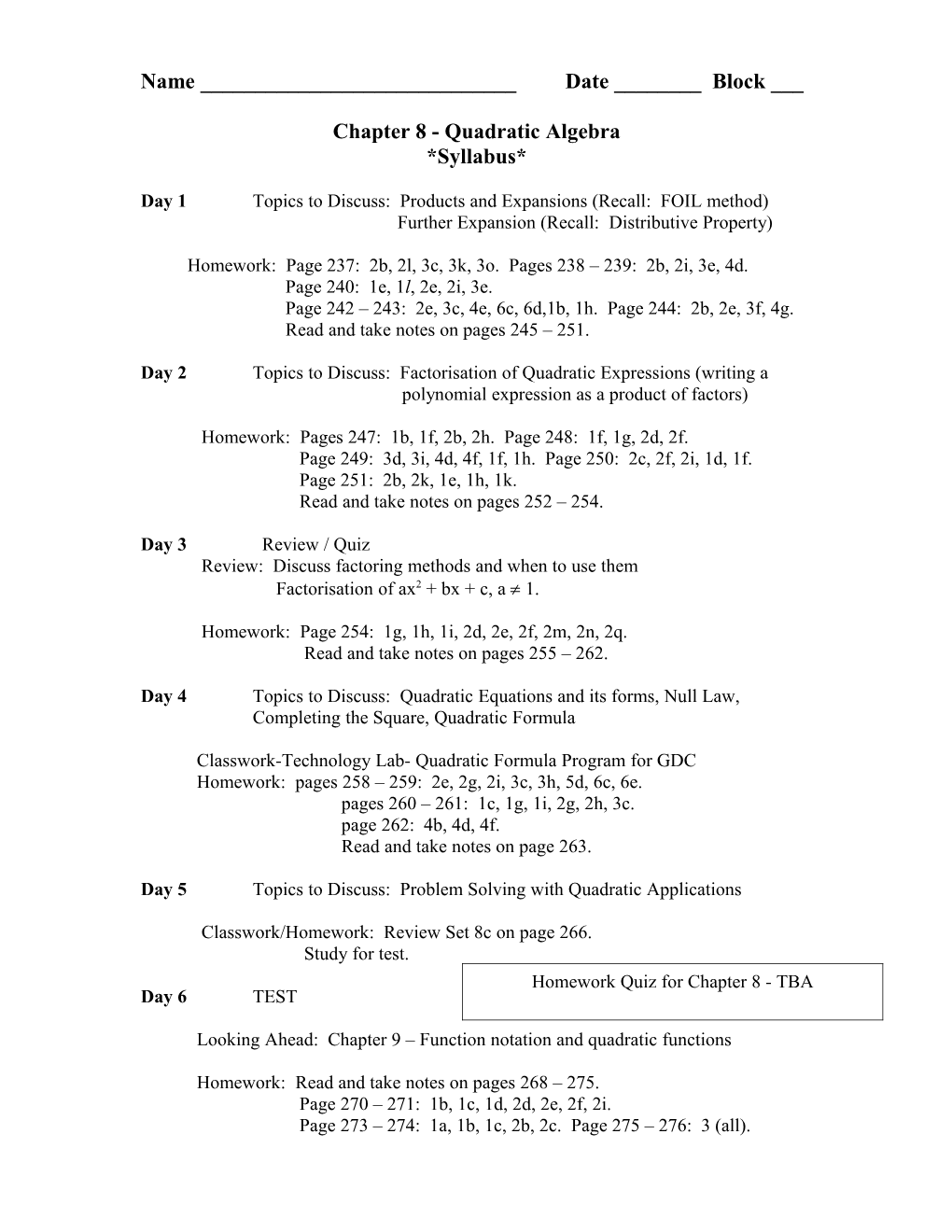 Chapter 8 Quadratic Equations