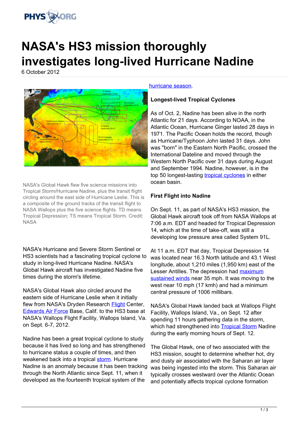 NASA's HS3 Mission Thoroughly Investigates Long-Lived Hurricane Nadine 6 October 2012