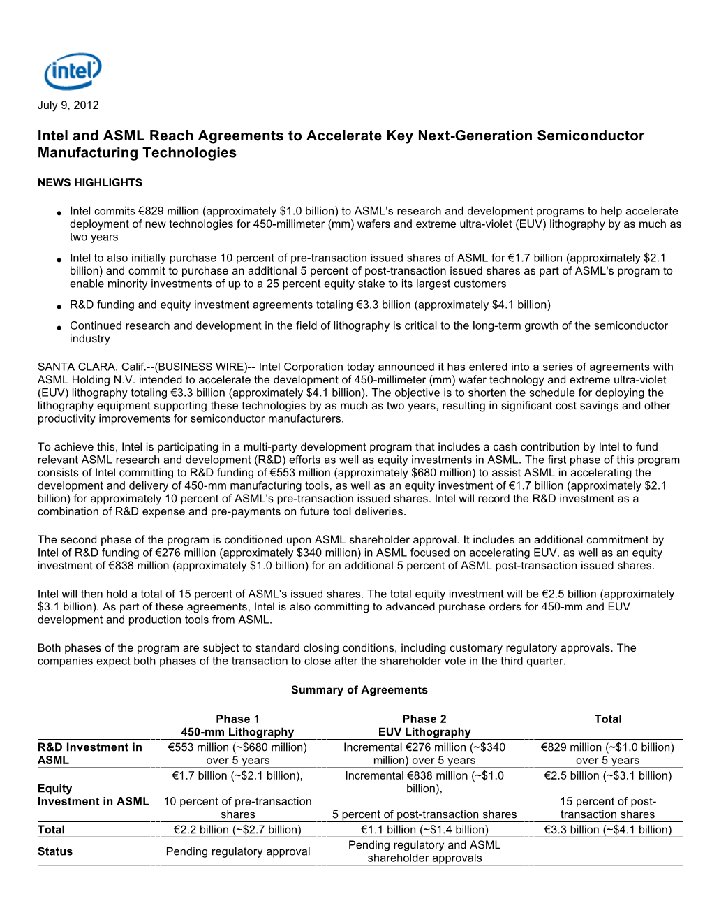 Intel and ASML Reach Agreements to Accelerate Key Next-Generation Semiconductor Manufacturing Technologies