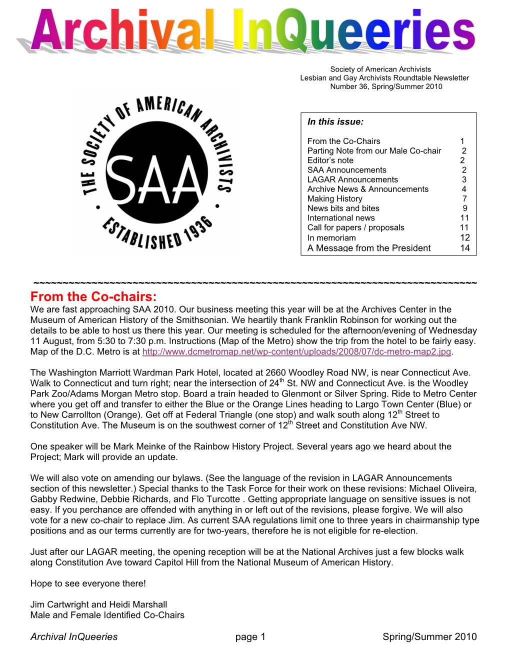 From the Co-Chairs: We Are Fast Approaching SAA 2010