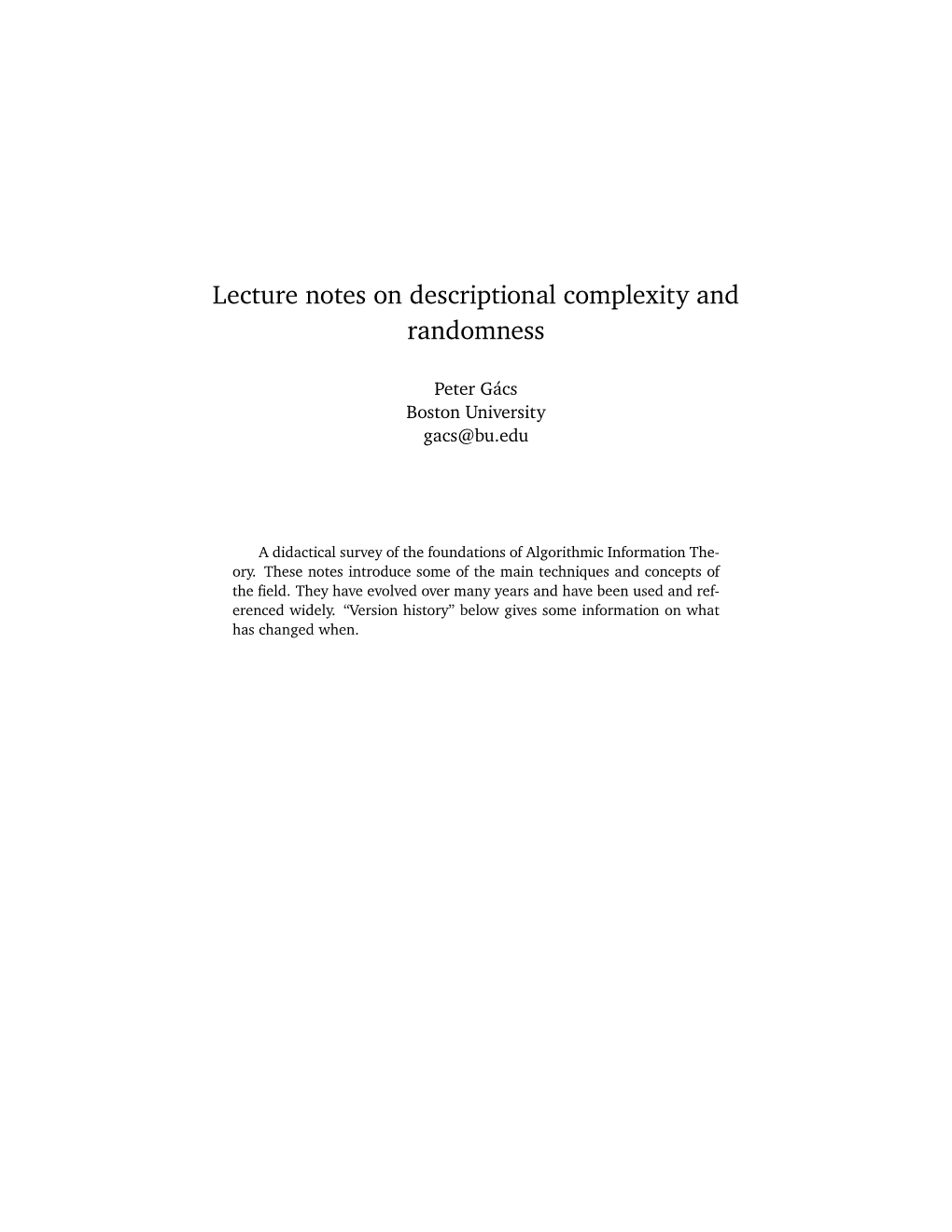 Lecture Notes on Descriptional Complexity and Randomness