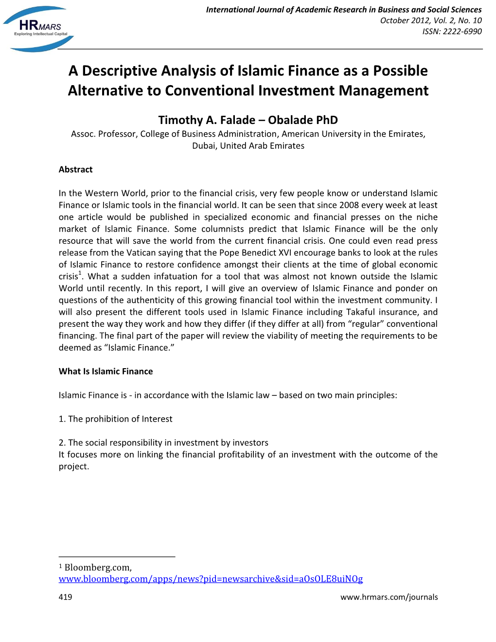 A Descriptive Analysis of Islamic Finance As a Possible Alternative to Conventional Investment Management