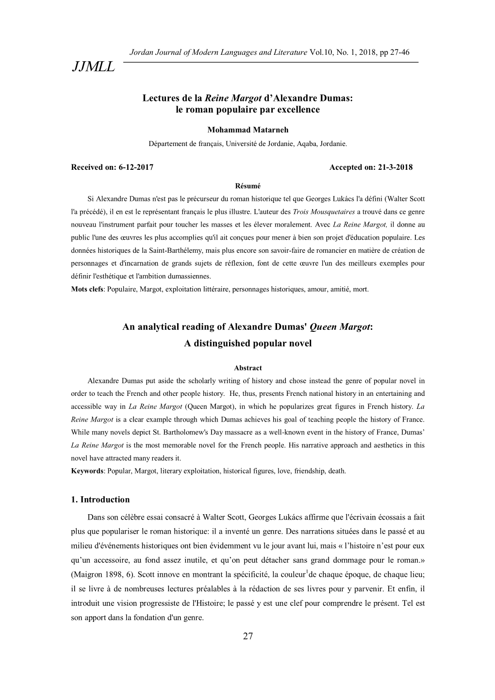 27 Lectures De La Reine Margot D'alexandre Dumas: Le Roman Populaire Par Excellence an Analytical Reading of Alexandre Dumas'