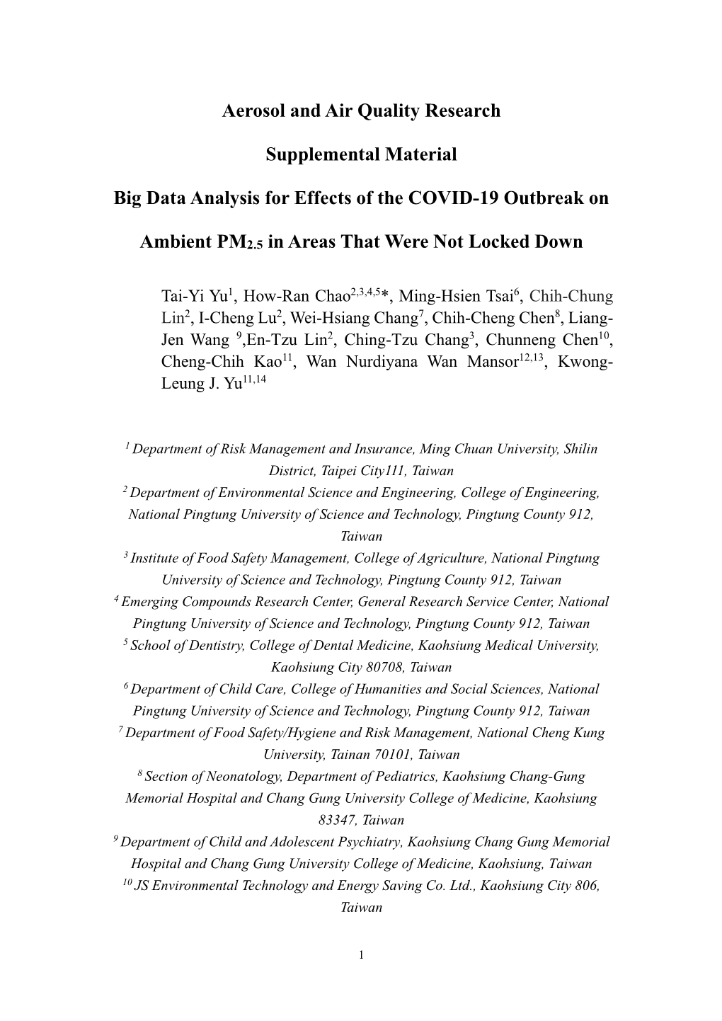 Aerosol and Air Quality Research Supplemental Material Big Data Analysis for Effects of the COVID-19 Outbreak on Ambient PM2.5 I