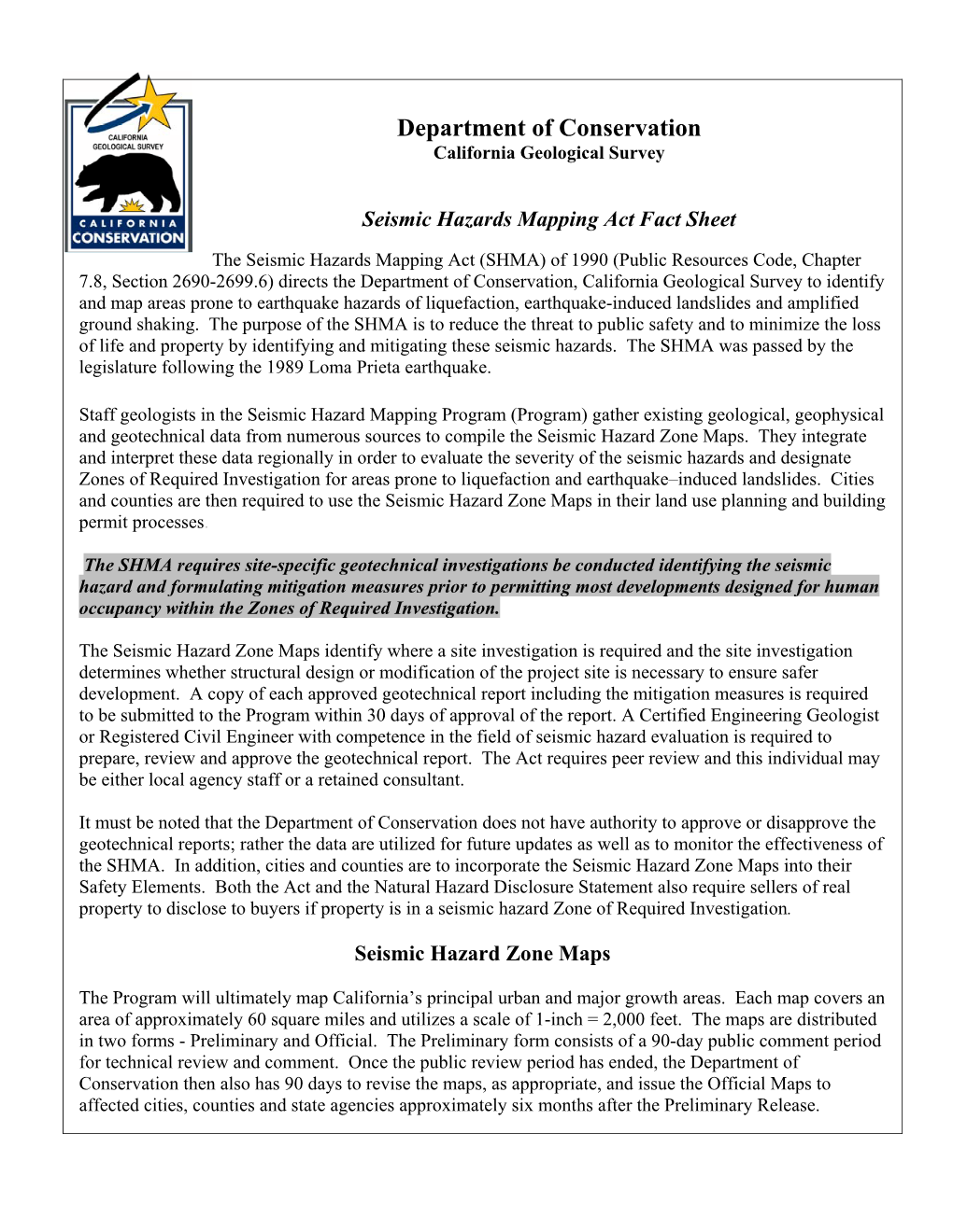 Seismic Hazards Mapping Act Fact Sheet