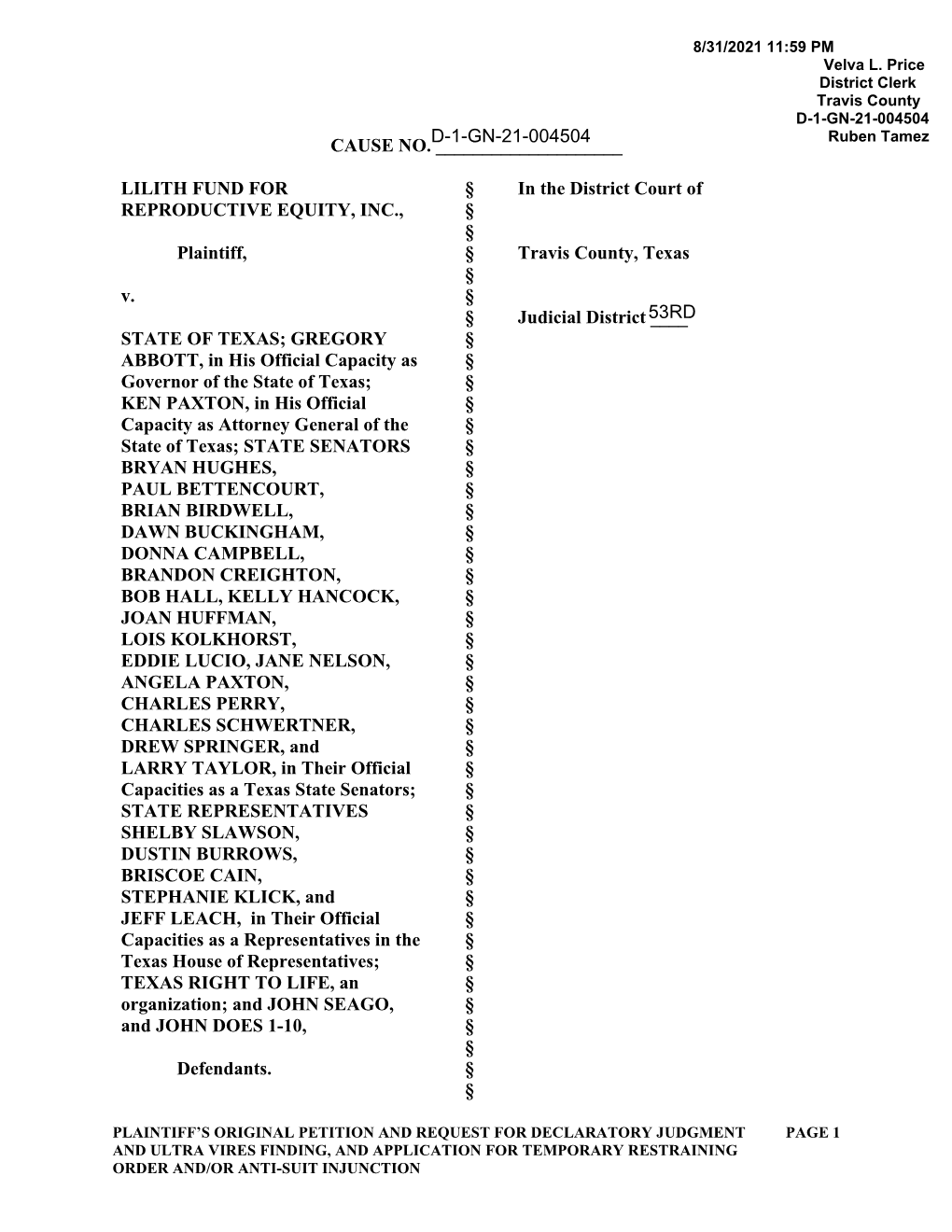 Original Petition and Request for Declaratory Judgment Page 1 and Ultra Vires Finding, and Application for Temporary Restraining Order And/Or Anti-Suit Injunction