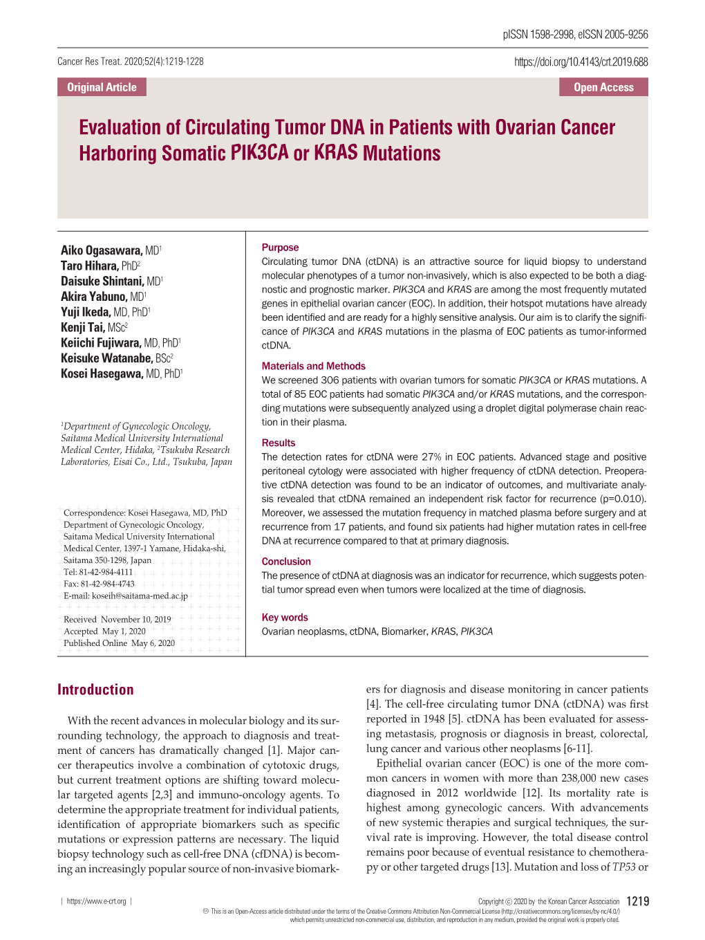 Evaluation of Circulating Tumor DNA in Patients with Ovarian Cancer Harboring Somatic PIK3CA Or KRAS Mutations