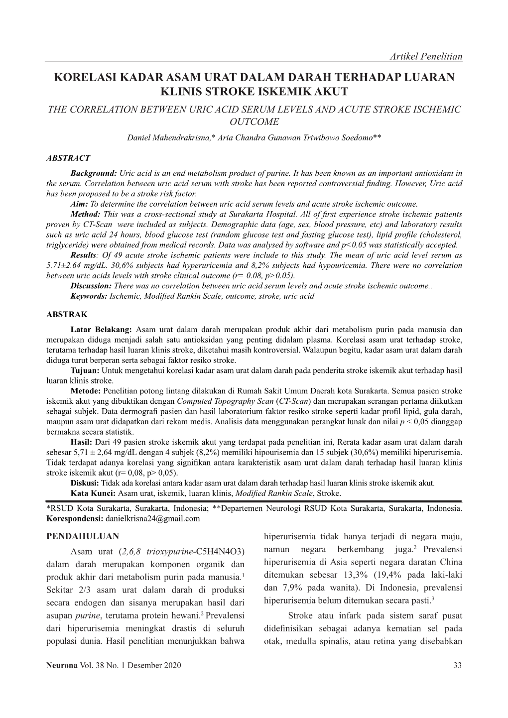 Korelasi Kadar Asam Urat Dalam Darah Terhadap Luaran Klinis Stroke