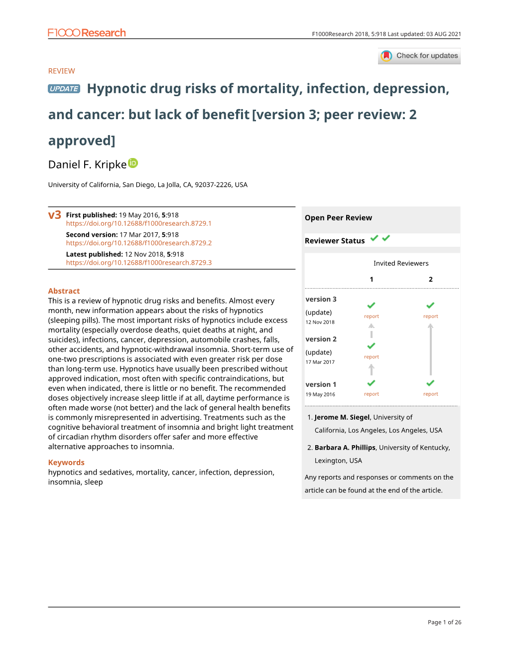 Hypnotic Drug Risks of Mortality, Infection, Depression, and Cancer: but Lack of Benefit [Version 3; Peer Review: 2 Approved]