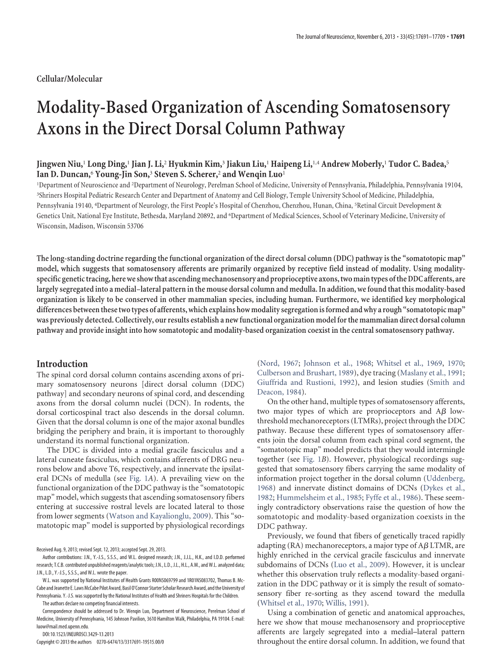 Modality-Based Organization of Ascending Somatosensory Axons in the Direct Dorsal Column Pathway