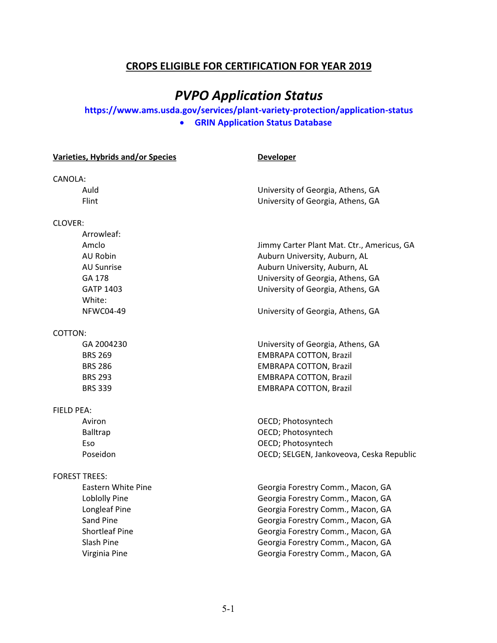 Crops Eligible for Certification for Year 1999