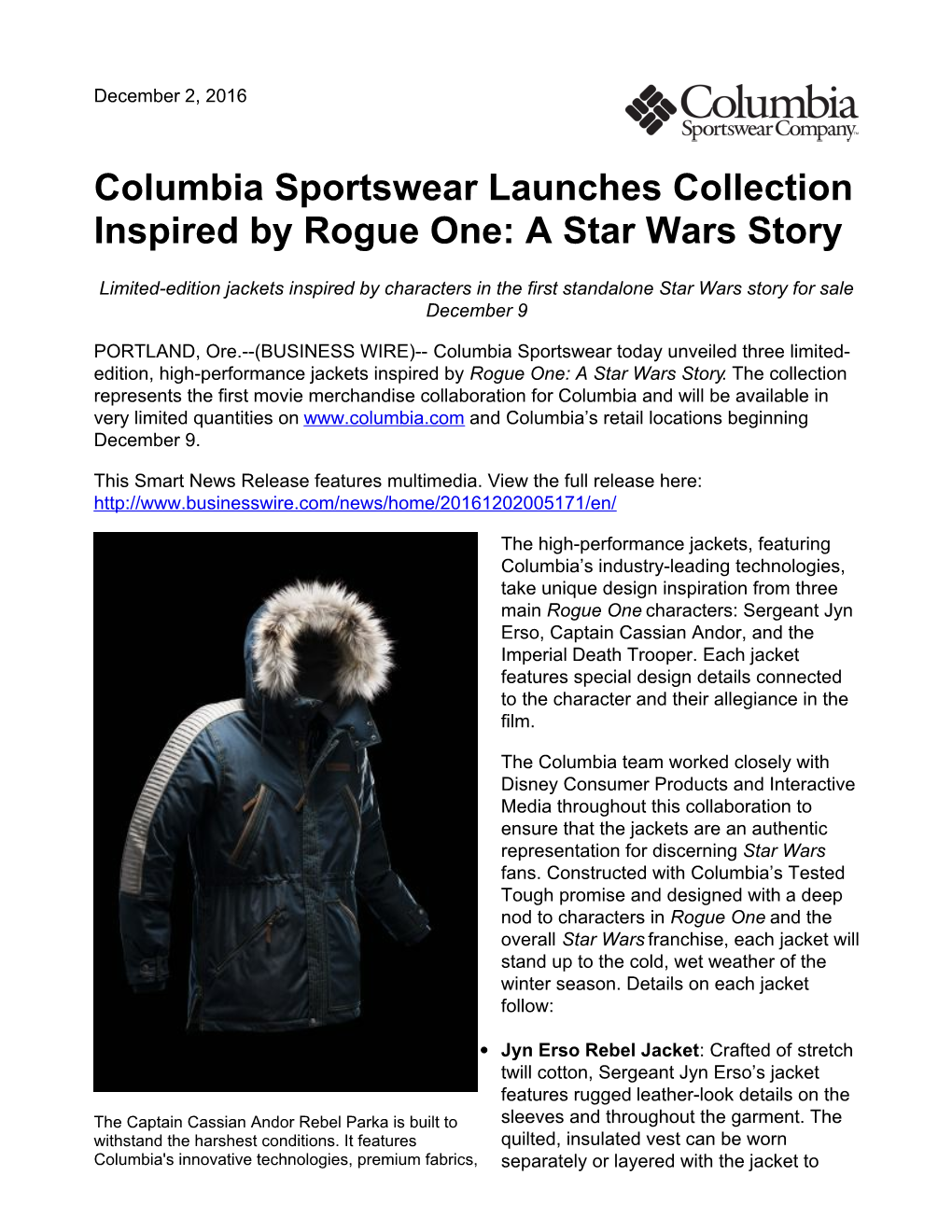 Columbia Sportswear Launches Collection Inspired by Rogue One: a Star Wars Story