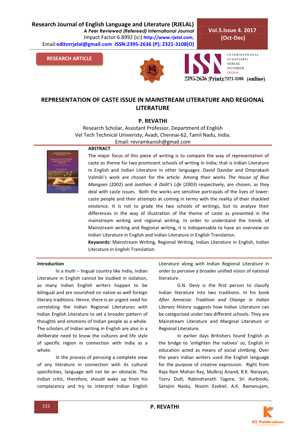 Representation of Caste Issue in Mainstream Literature and Regional Literature