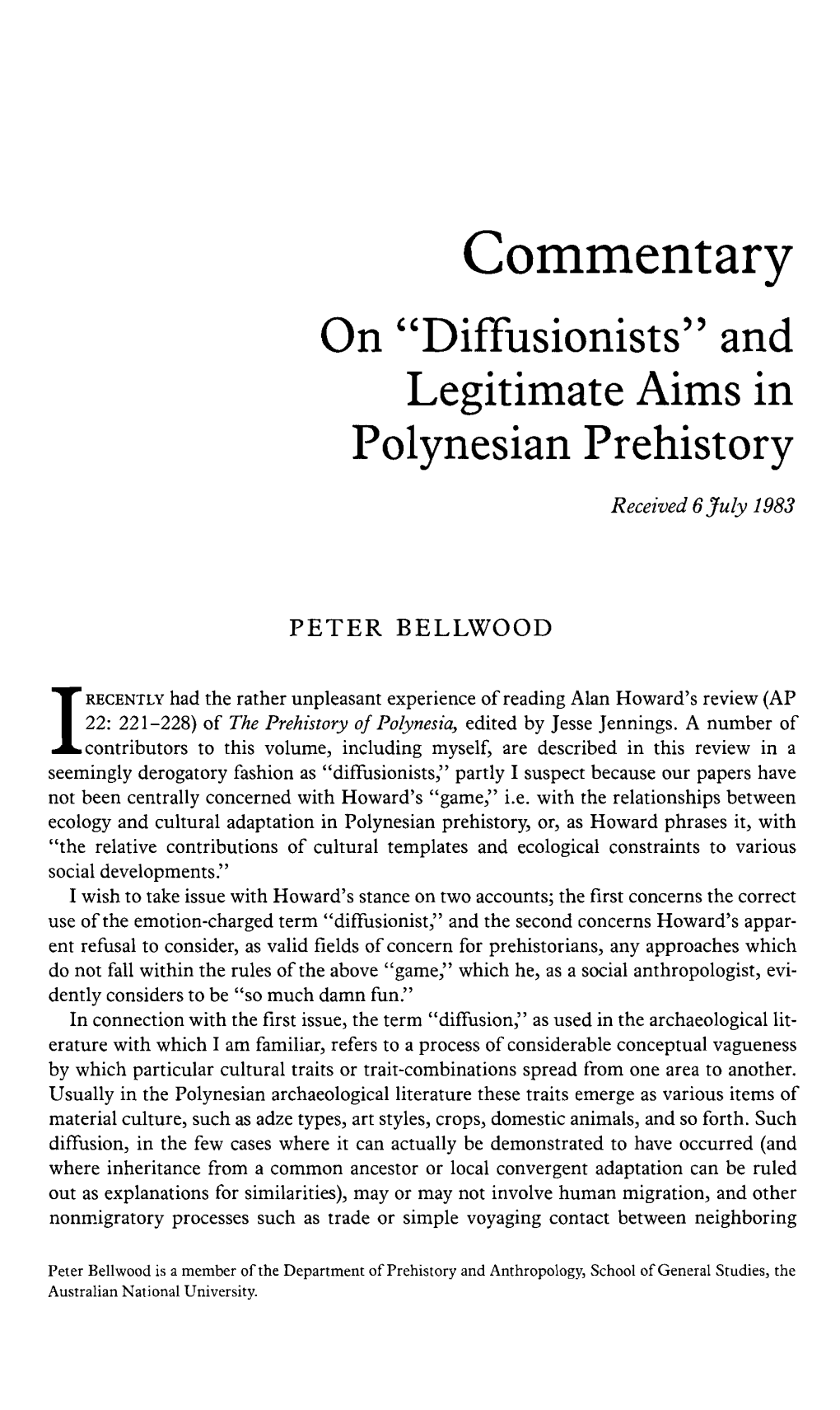 Commentary on "Diffusionists" and Legitimate Aims in Polynesian Prehistory