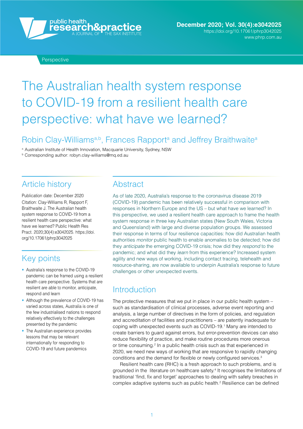 The Australian Health System Response to COVID-19 from a Resilient Health Care Perspective: What Have We Learned?