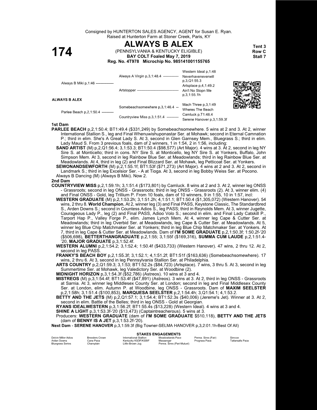 ALWAYS B ALEX Tent 3 (PENNSYLVANIA & KENTUCKY ELIGIBLE) Row C 174 BAY COLT Foaled May 7, 2019 Stall 7 Reg