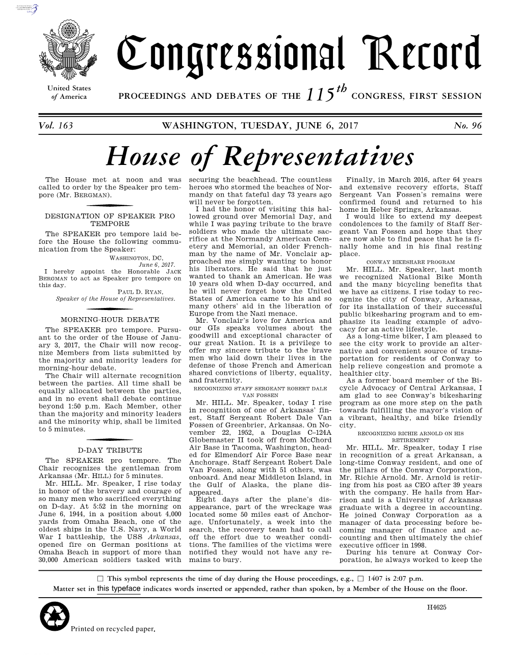 Congressional Record United States Th of America PROCEEDINGS and DEBATES of the 115 CONGRESS, FIRST SESSION