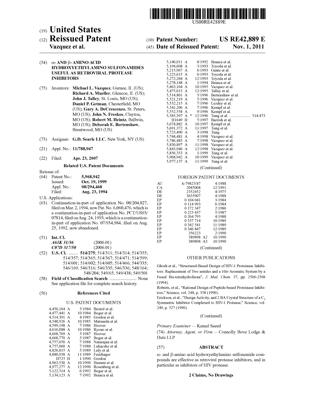 (19) United States (12) Reissued Patent (10) Patent Number: US RE42,889 E Vazquez Et Al