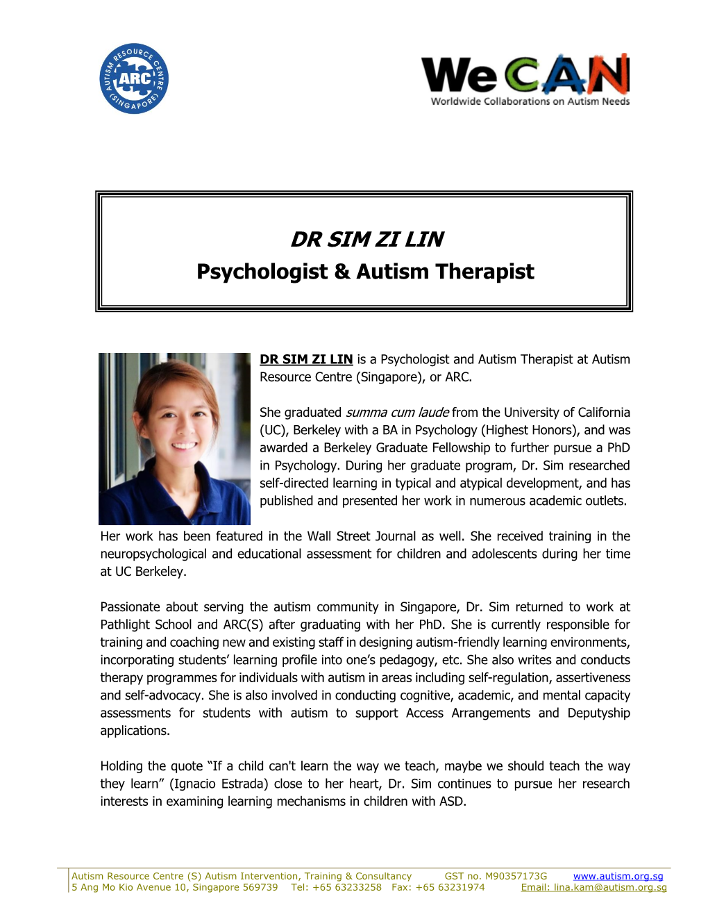 DR SIM ZI LIN Psychologist & Autism Therapist