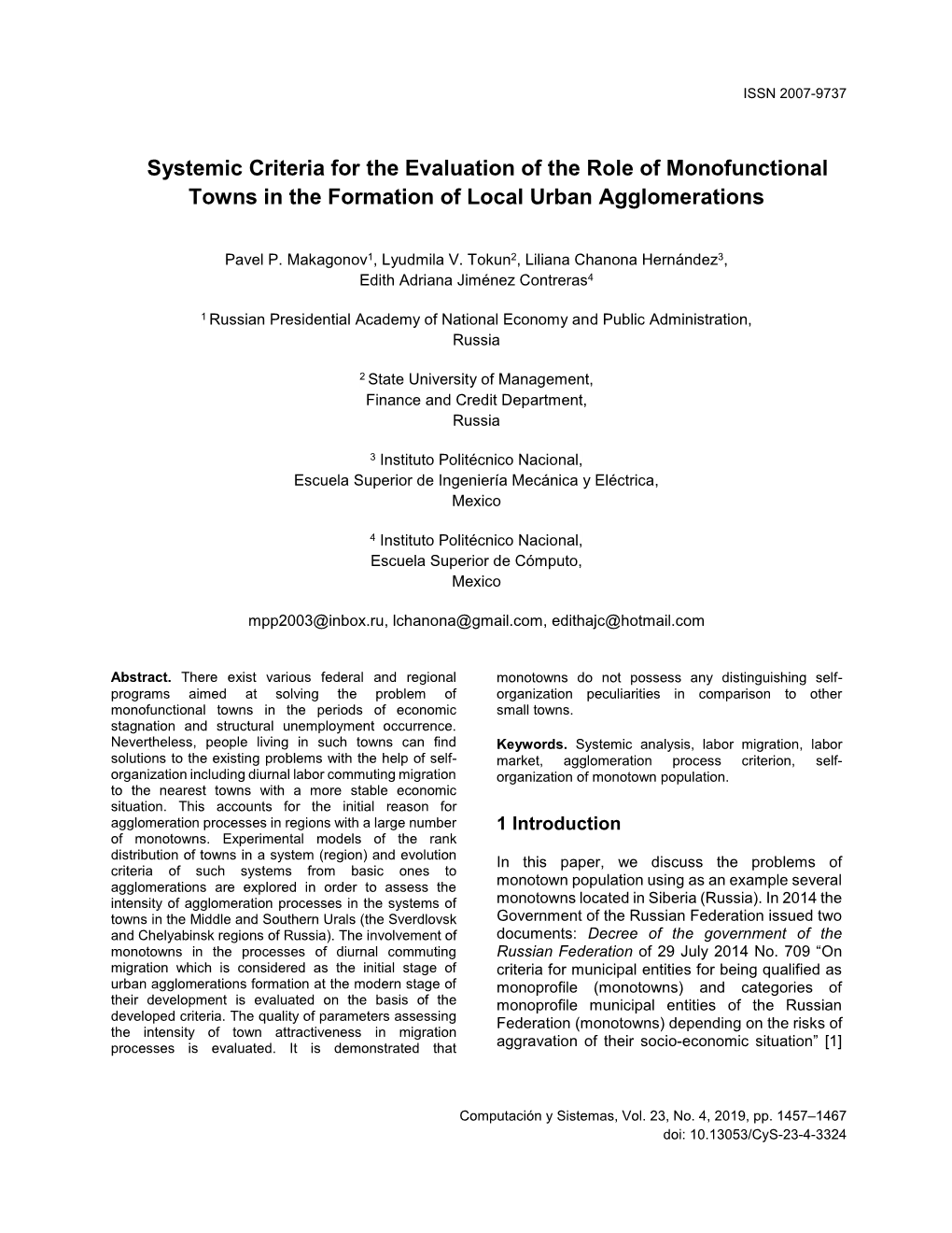 Systemic Criteria for the Evaluation of the Role of Monofunctional Towns in the Formation of Local Urban Agglomerations