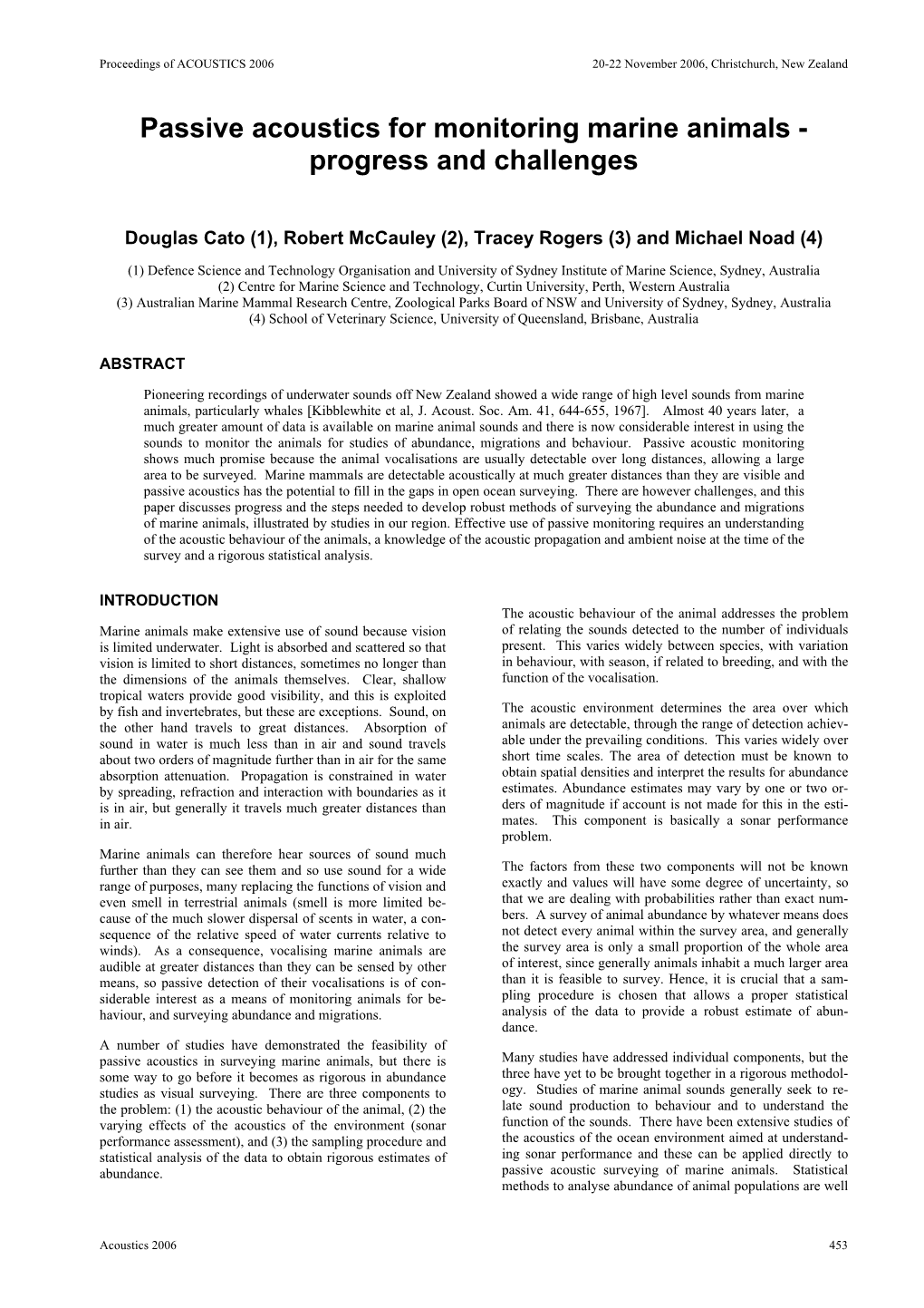 Passive Acoustics for Monitoring Marine Animals - Progress and Challenges