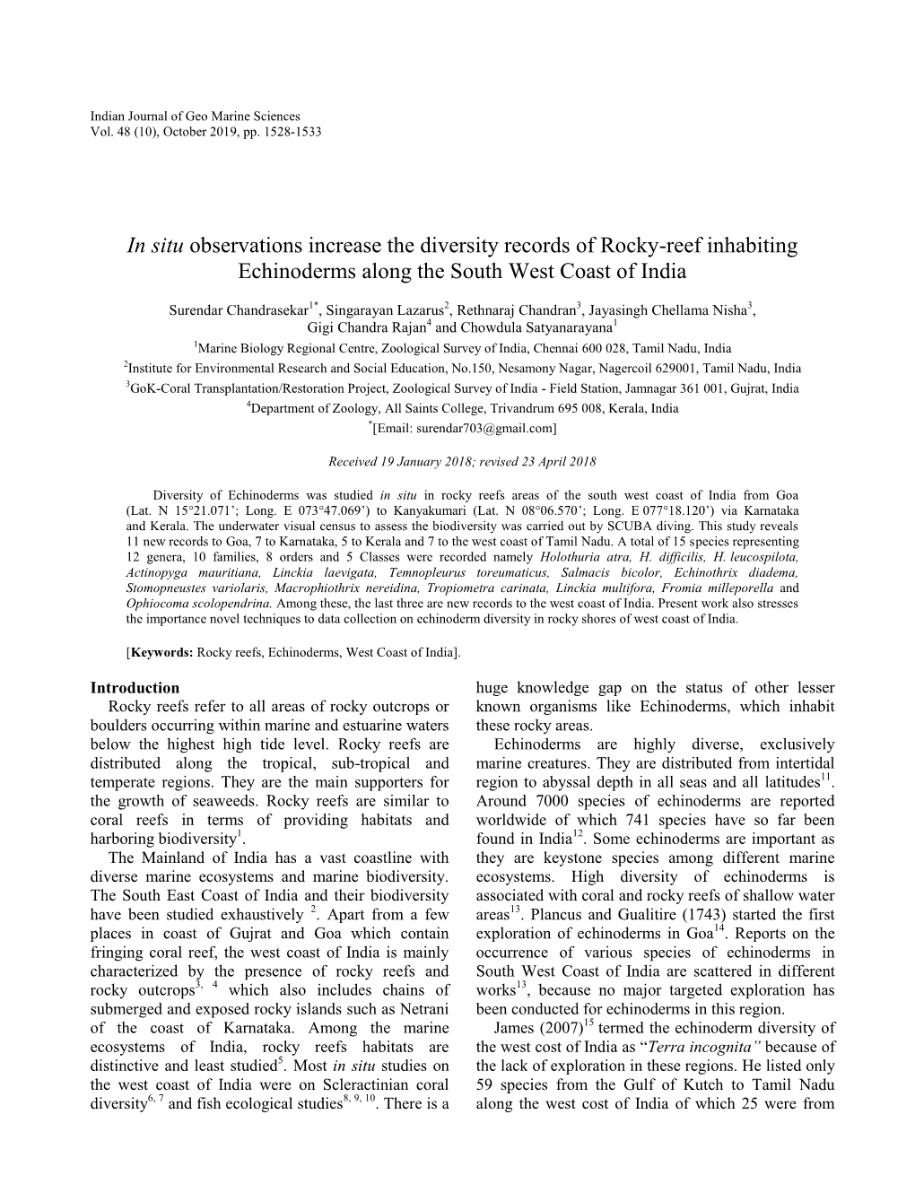 In Situ Observations Increase the Diversity Records of Rocky-Reef Inhabiting Echinoderms Along the South West Coast of India