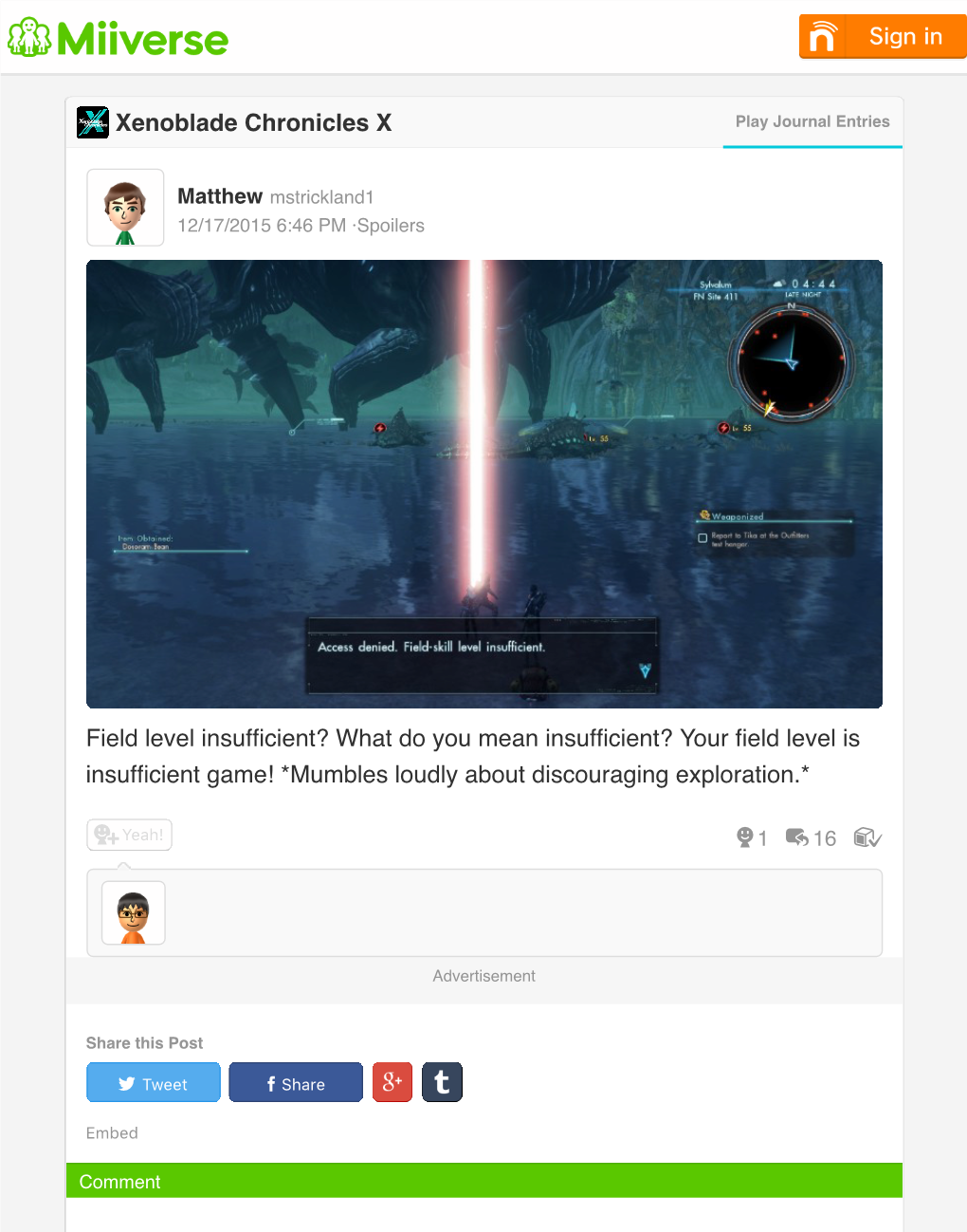 Xenoblade Chronicles X Field Level Insufficient? What Do You Mean Insufficient? Your Field Level Is Insufficient Game! *Mumbles