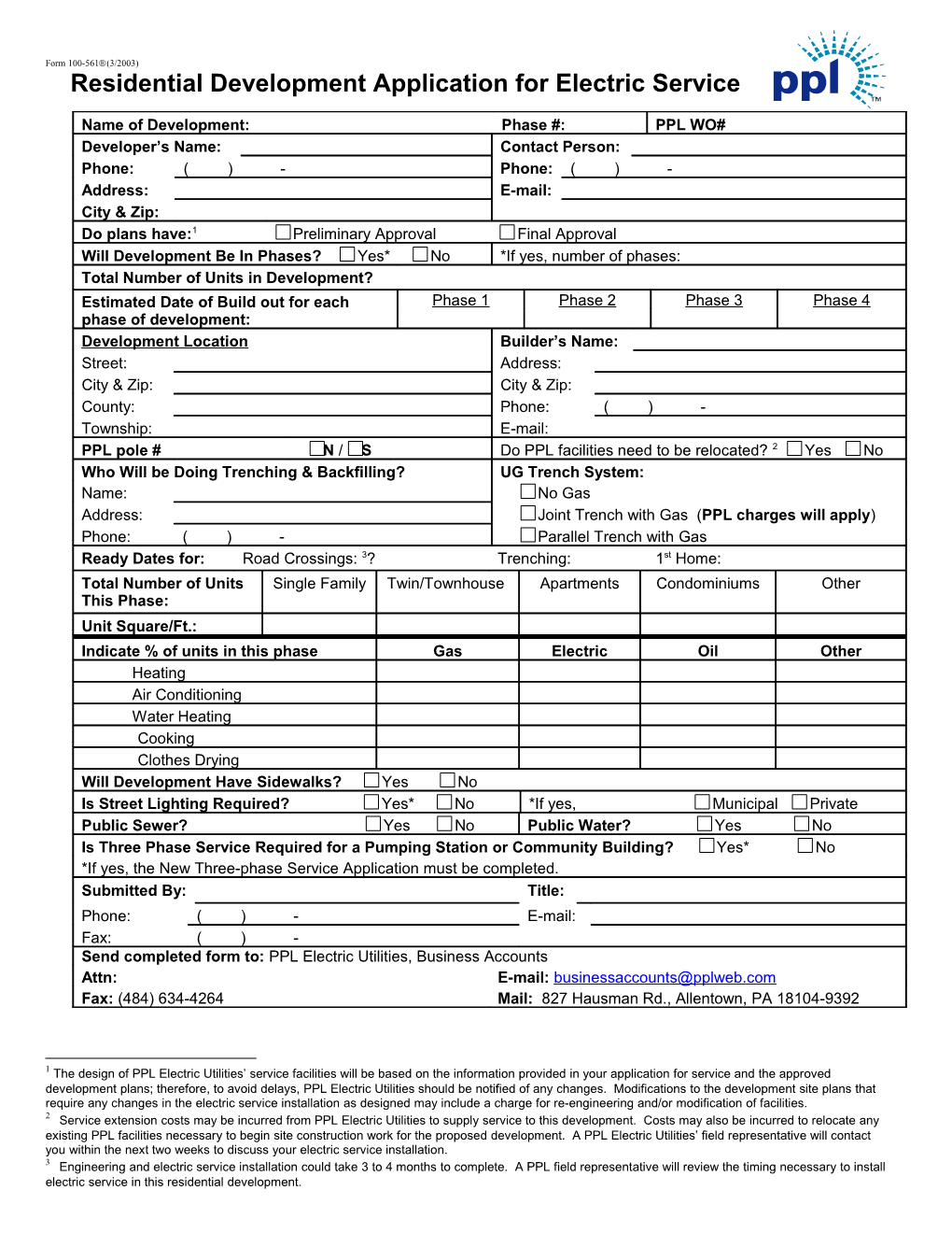 Residential Development Application for Electric Service