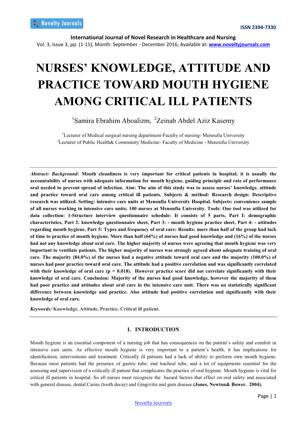 Nurses' Knowledge, Attitude and Practice Toward Mouth