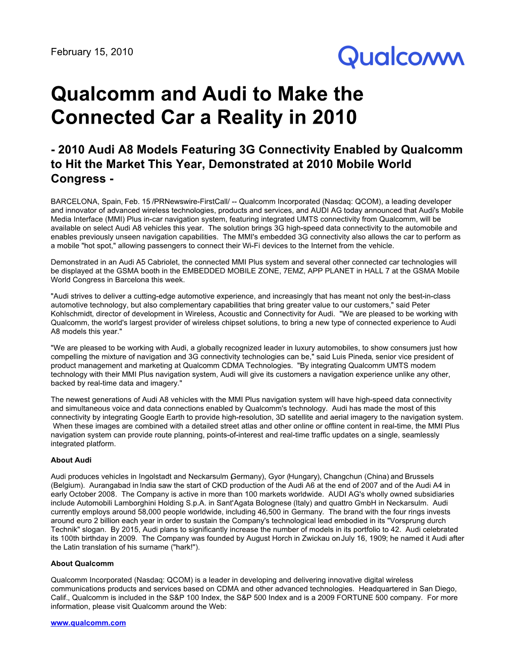 Qualcomm and Audi to Make the Connected Car a Reality in 2010