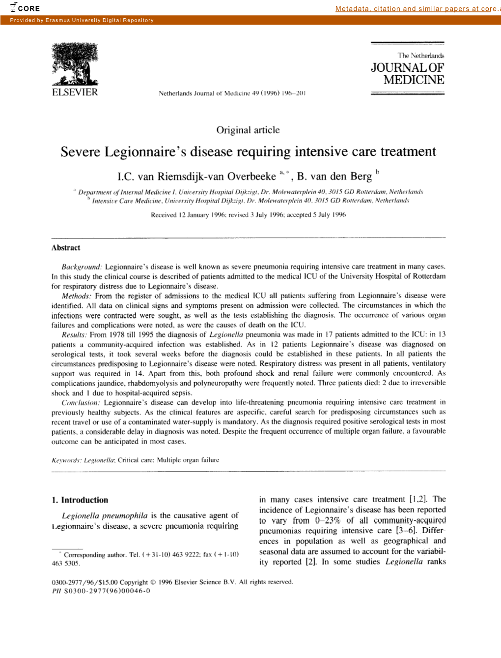 Severe Legionnaire's Disease Requiring Intensive Care Treatment