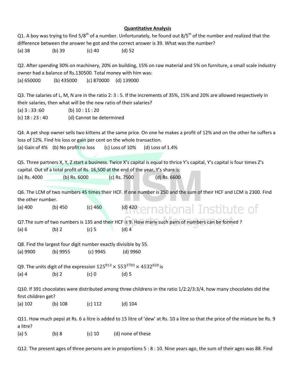 Quantitative Analysis Q1. a Boy Was Trying to Find 5/8Th of a Number