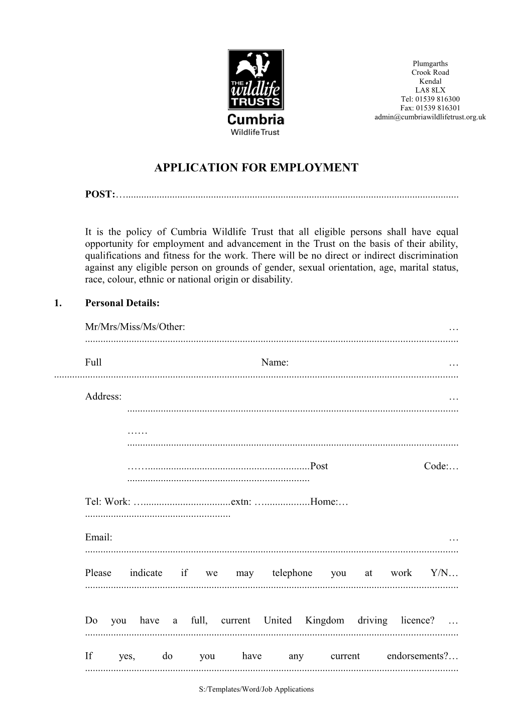 Application for Employment Post: