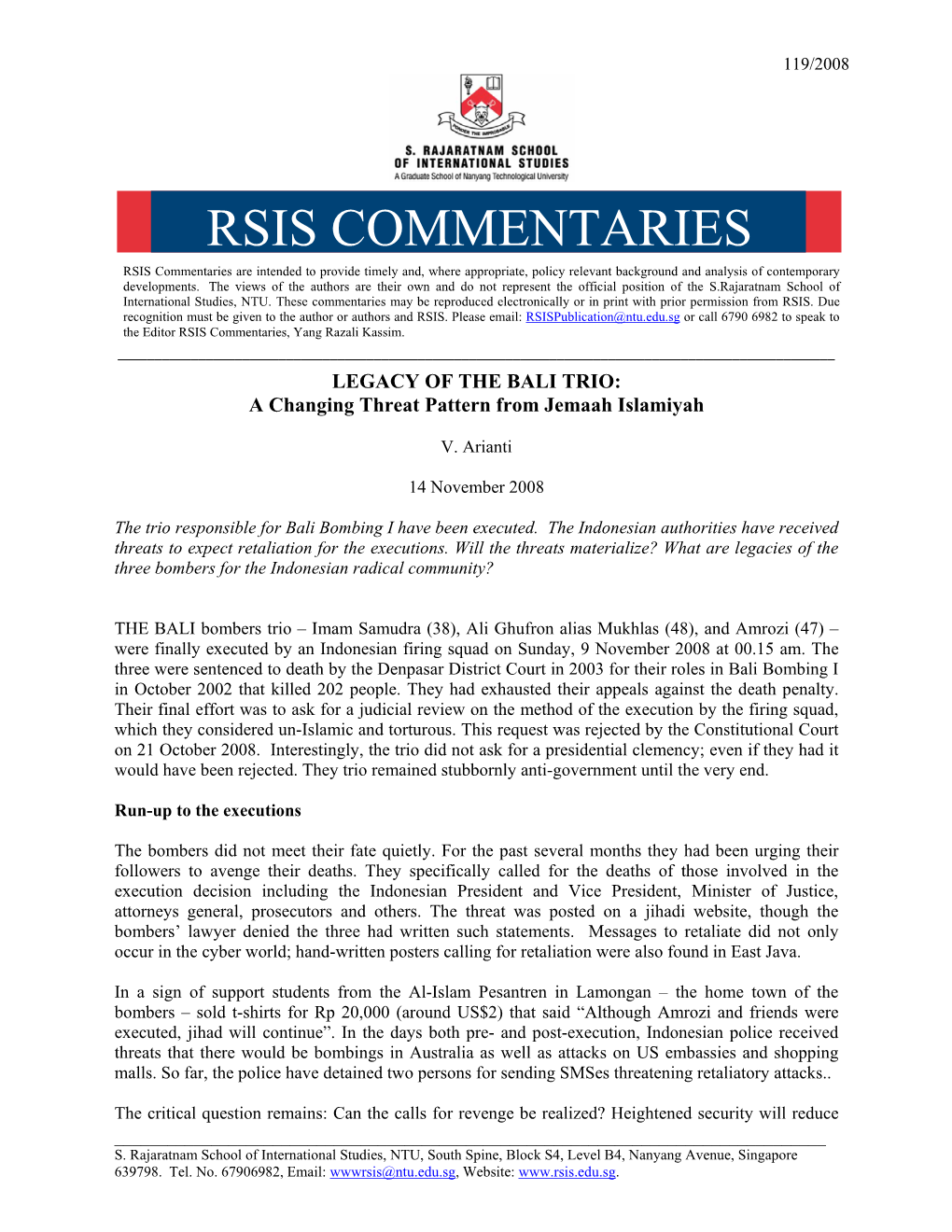 RSIS COMMENTARIES RSIS Commentaries Are Intended to Provide Timely And, Where Appropriate, Policy Relevant Background and Analysis of Contemporary Developments