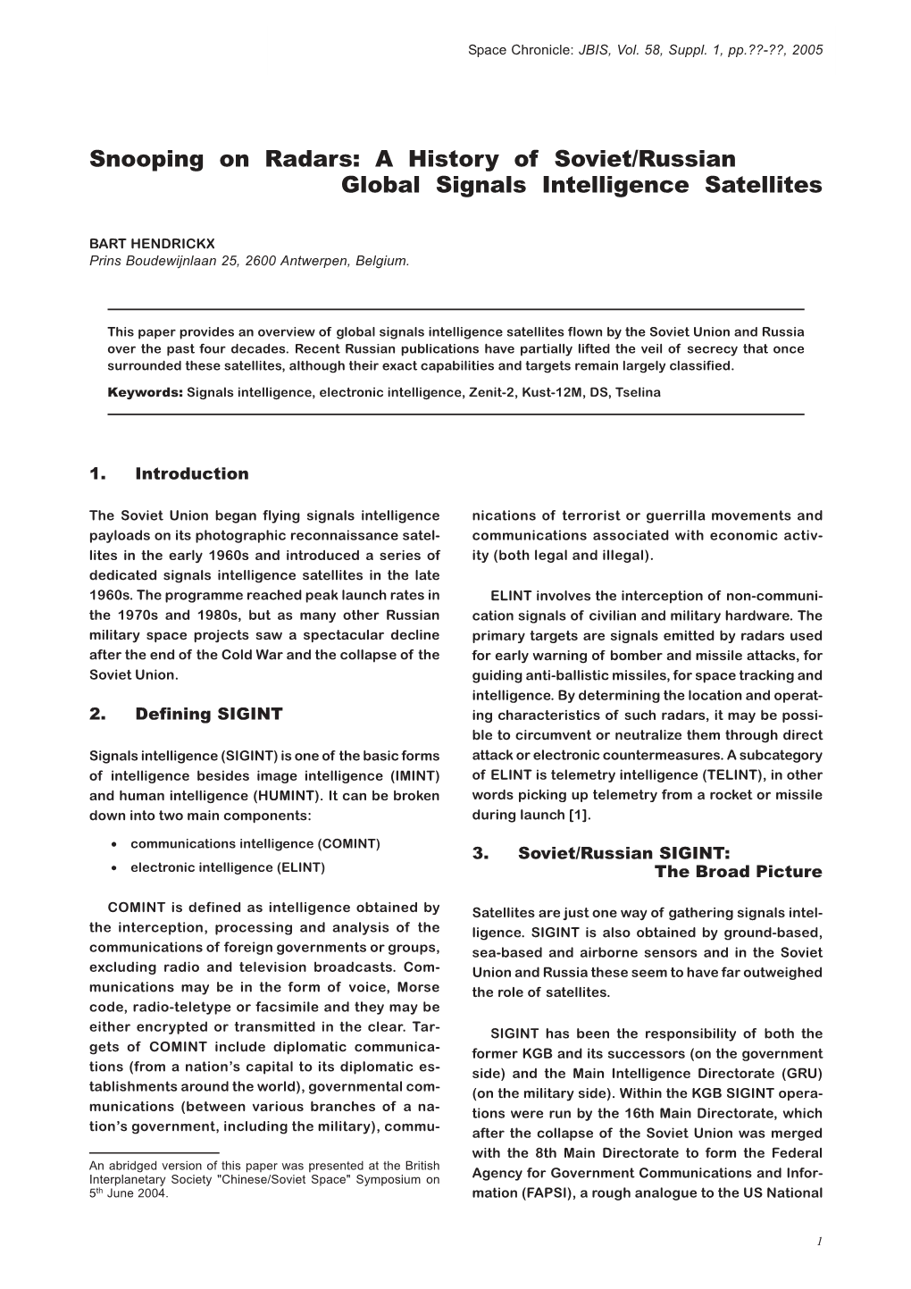 Snooping on Radars: a History of Soviet/Russian Global Signals Intelligence Satellites